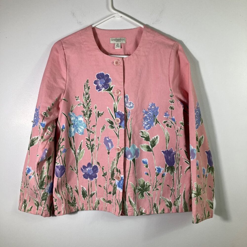 Womens Appleseeds Petites 3/4 Sleeve Button Cotton Jacket Pink‎ Floral PM Flaw